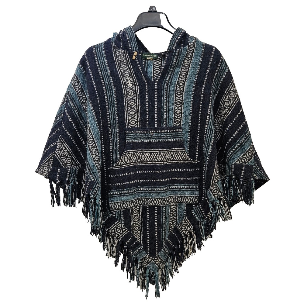 Kathmandu Imports Hooded Poncho Unisex One Size Blue Striped Baja Festival Gheri